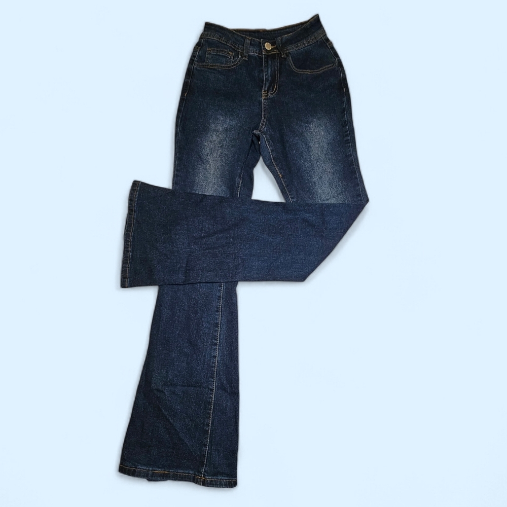 SHEIN Tween Youth Girls Embroidered Wings Dark Blue Flare Bootcut Jeans